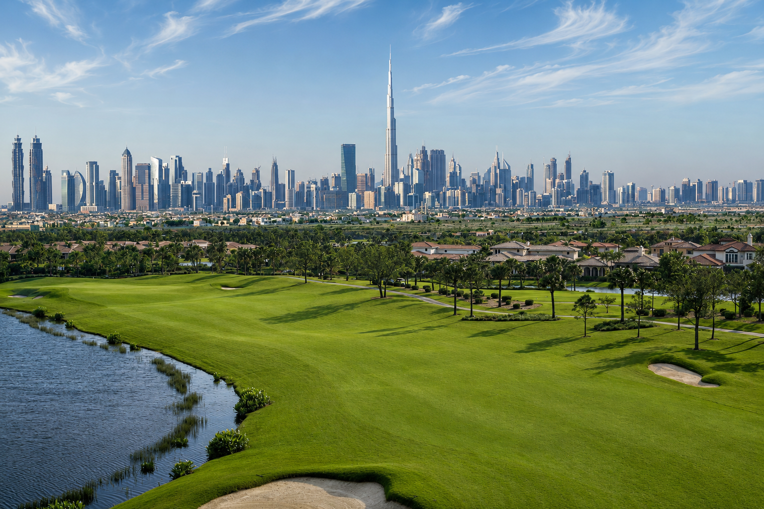 Emirates Hills fairways and Dubai skyline